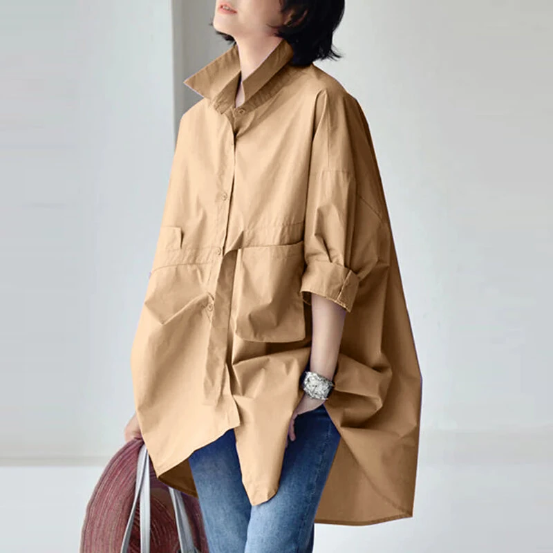 ZANZEA Womens Office Casual Solid Color Long Sleeve Shirts with Pockets Elegant Lapel Button Up Midi Blouse (image for) ZANZEA Womens Office Casual Solid Color Long Sleeve Shirts with Pockets Elegant Lapel Button Up Midi Blouse